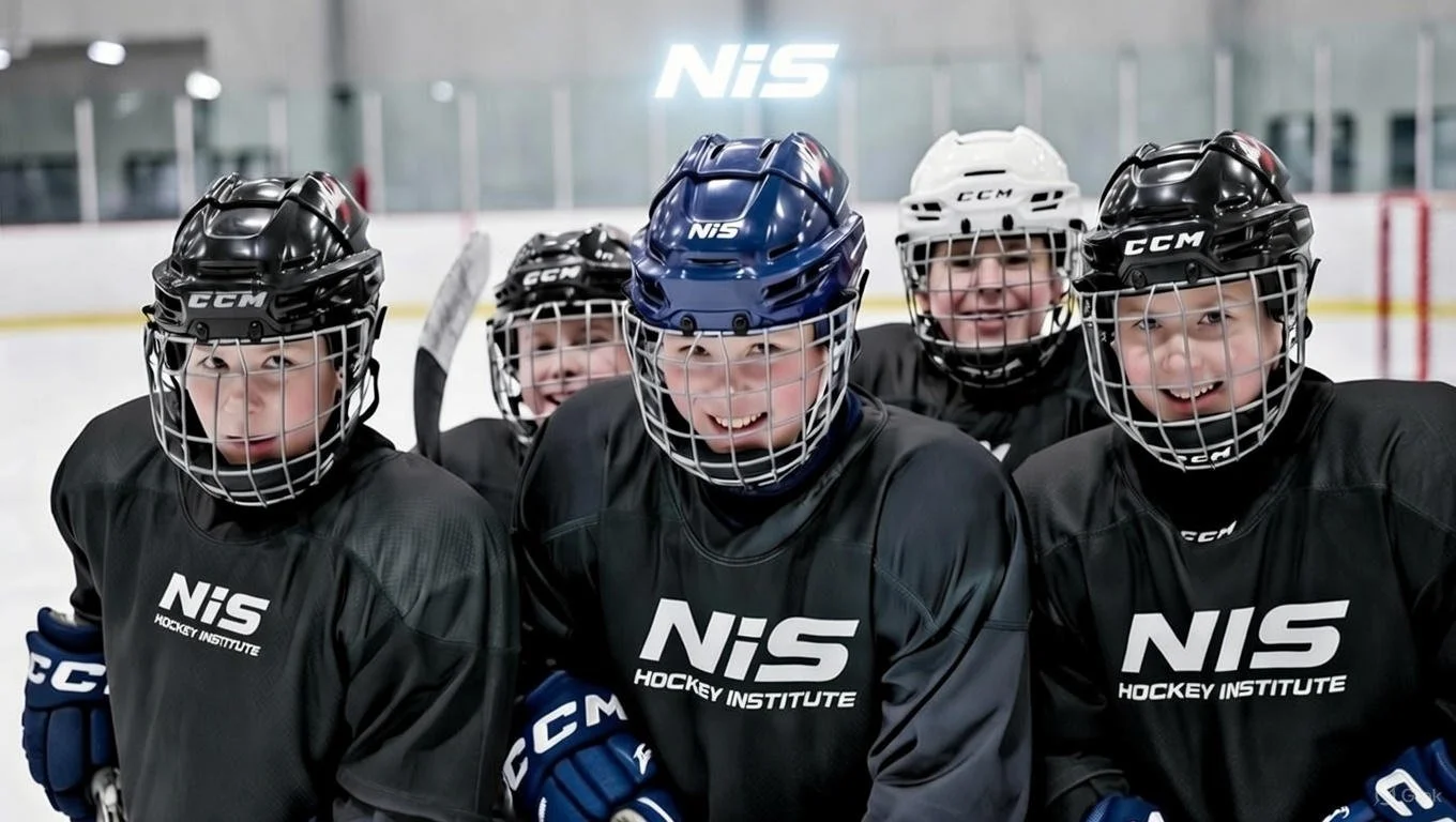Group of young boys in hockey gear smiling on ice rink.