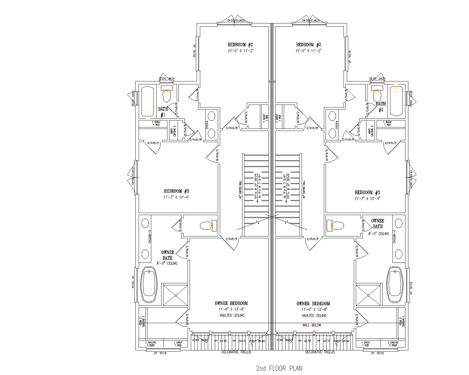 Architectural floor plan of the second floor of a house, showing bedrooms, bathrooms, closets, staircases, and room dimensions.
