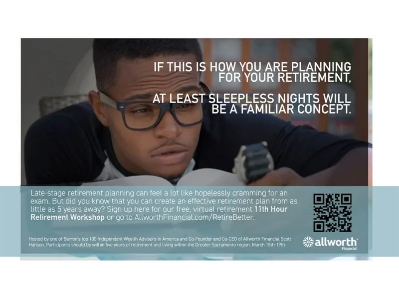 A young man with glasses lying on a bed, looking at his phone, with text about retirement planning and a QR code.