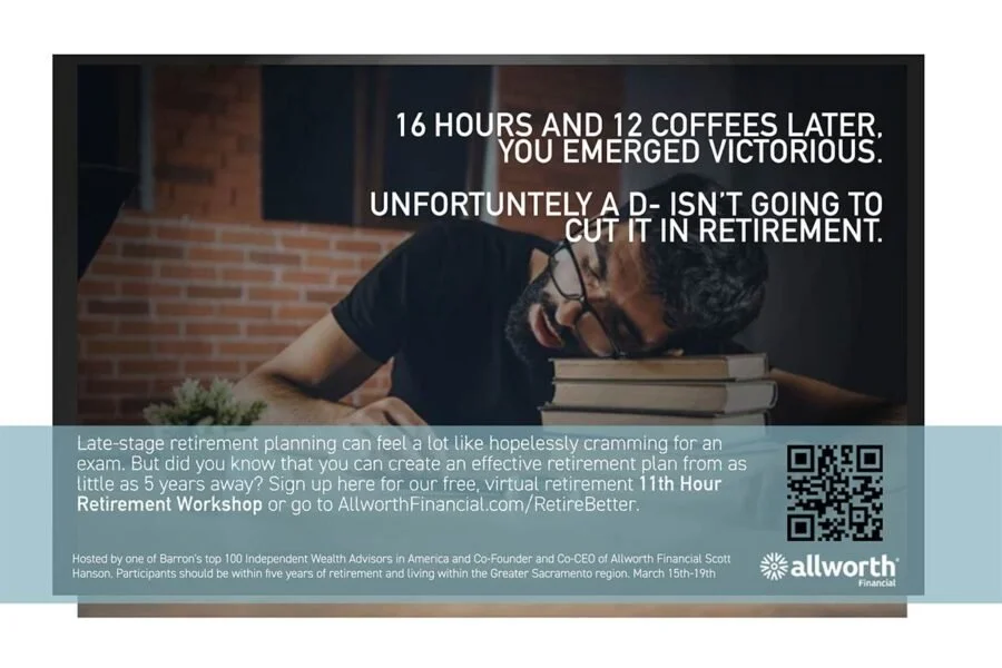 An advertisement featuring a man resting his head on a stack of books, with text about retirement planning and a QR code for a virtual retirement workshop.