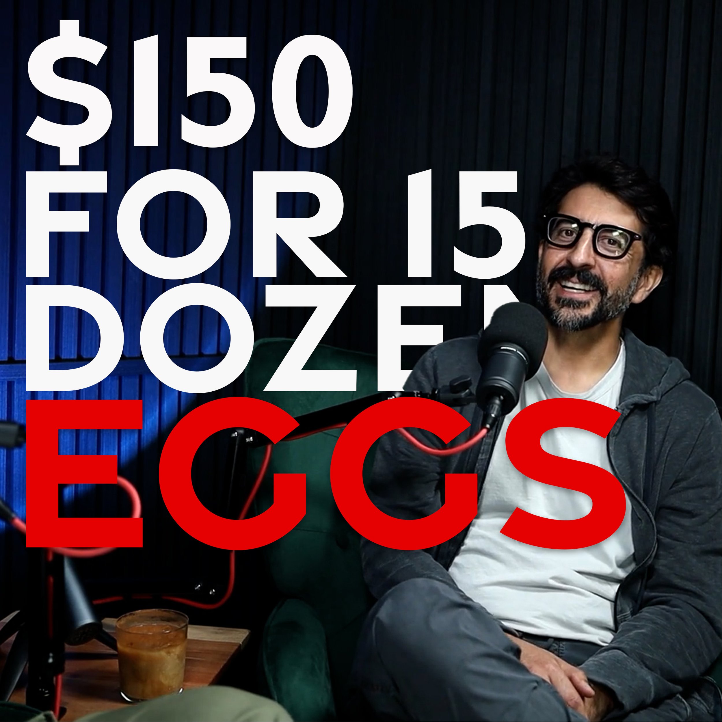 Ivan, Owner of Fà-me Cafe in central Phoenix sitting in front microphone inside the Mobile Podcast Trailer with black acoustic panels, with large red and white text overlaying the image that reads '$150 for 15 doze ECCS'.