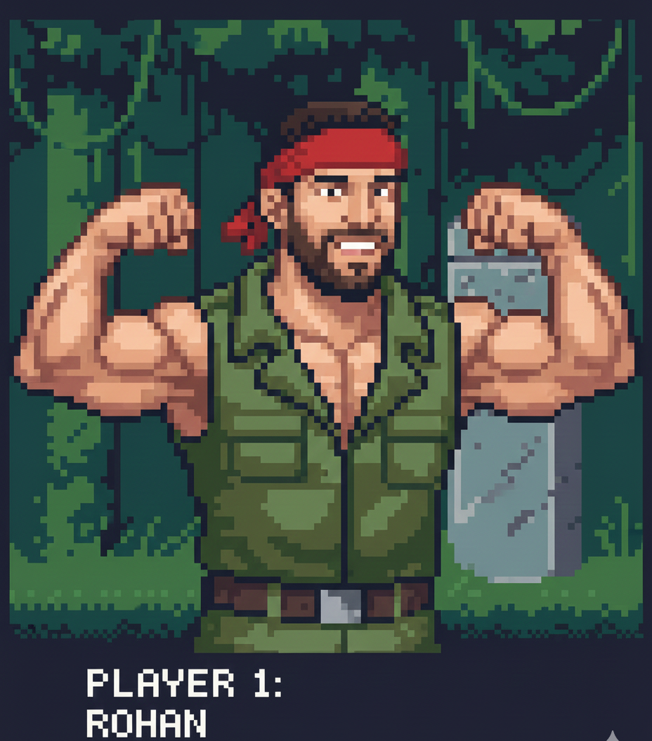 Pixel art image of a muscular man with a beard, red headband, green sleeveless shirt, flexing his biceps in a jungle setting. Text at the bottom reads "Player 1: Rohan."