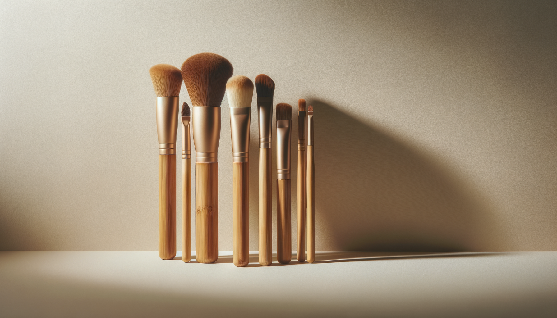 A set of seven makeup brushes with wooden handles and metallic ferrules, arranged in a row on a surface with a shadow cast on the right side.