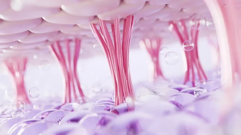 Close-up of pink and purple plant cells with water droplets, showing detailed internal structures.