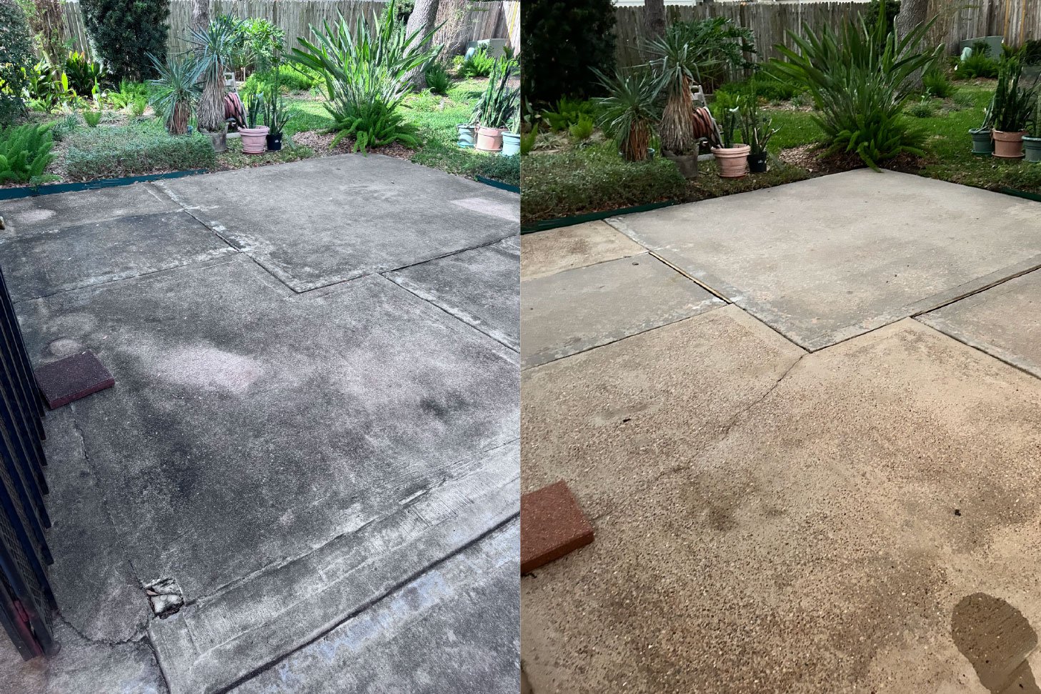 Comparison of a concrete patio before and after cleaning. The left side shows a stained, dirty concrete surface, and the right side shows a clean, bright surface with a more uniform appearance.