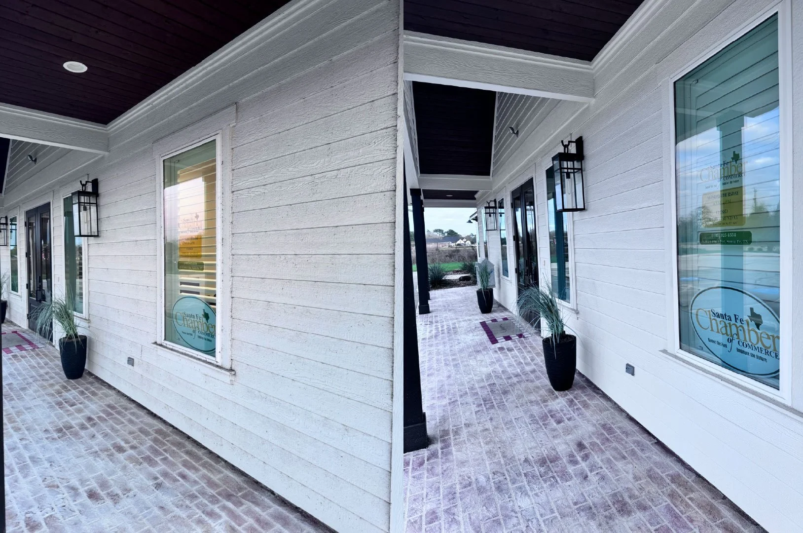 Two views of a building exterior with white wooden siding, black lantern-style wall lights, and potted plants, with a brick walking path and windows reflecting the sky.