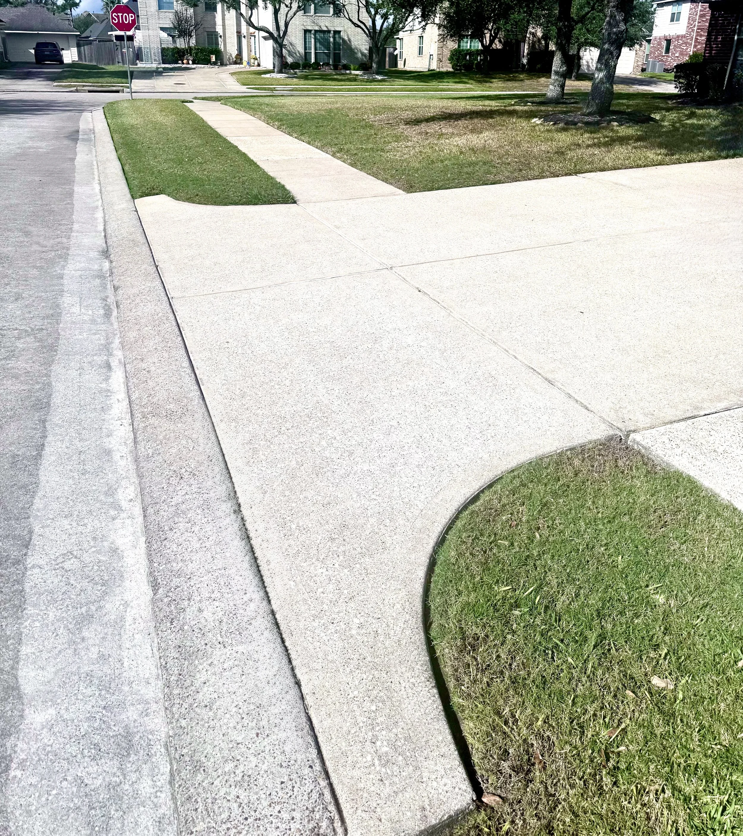 Sidewalk with a small patch of grass and a curb in a residential neighborhood with trees and houses in the background.