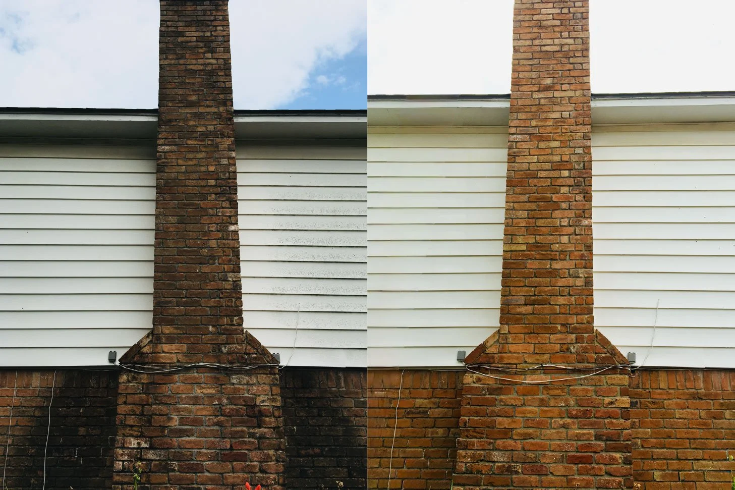 Comparison of two chimneys on a house showing before and after cleaning; left side darker and dirty, right side cleaner and brighter.
