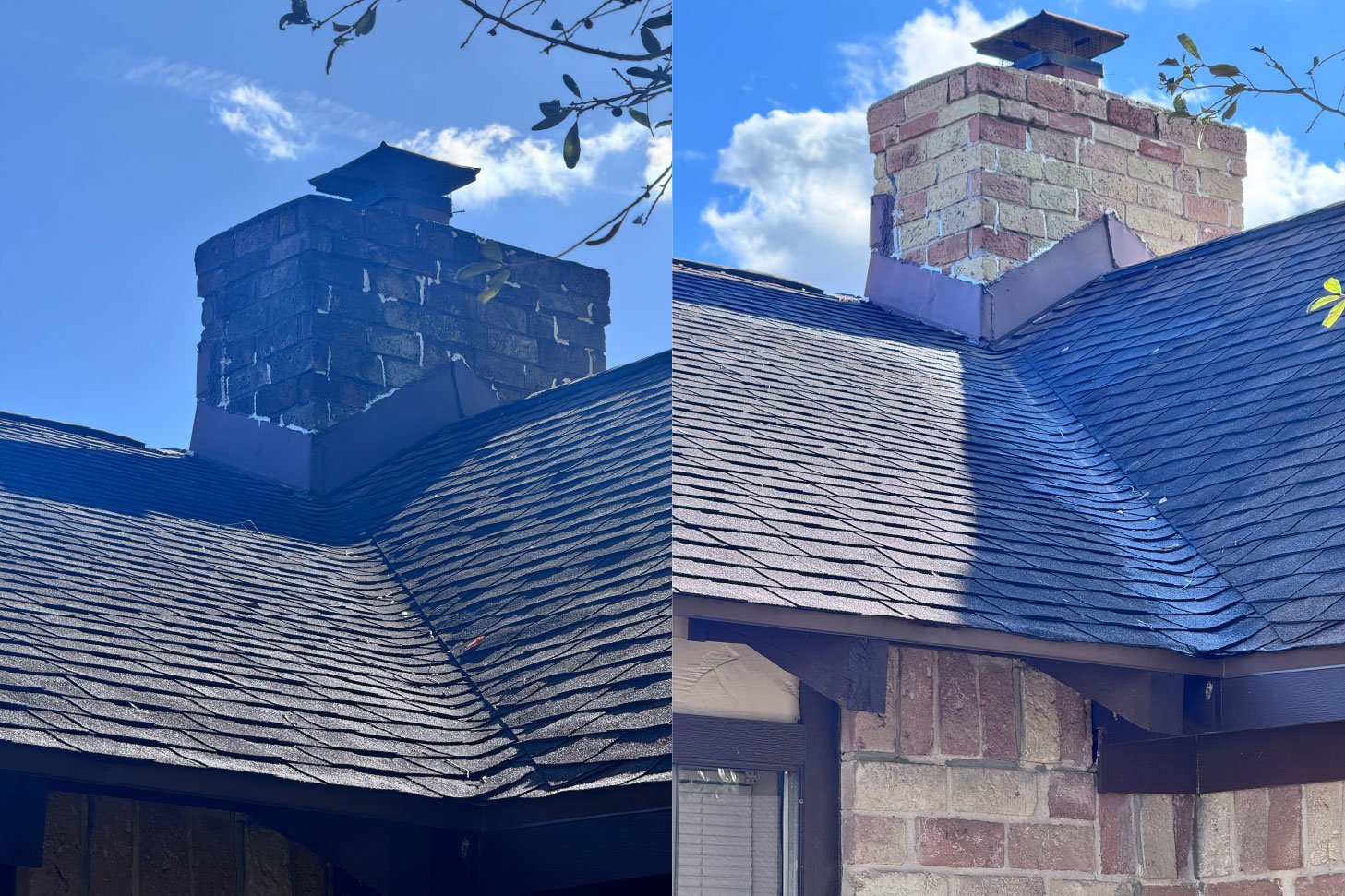 Comparison of two brick house chimneys, one older with darker bricks and black soot, the other new with lighter bricks, both on roofs with asphalt shingles and blue sky background.