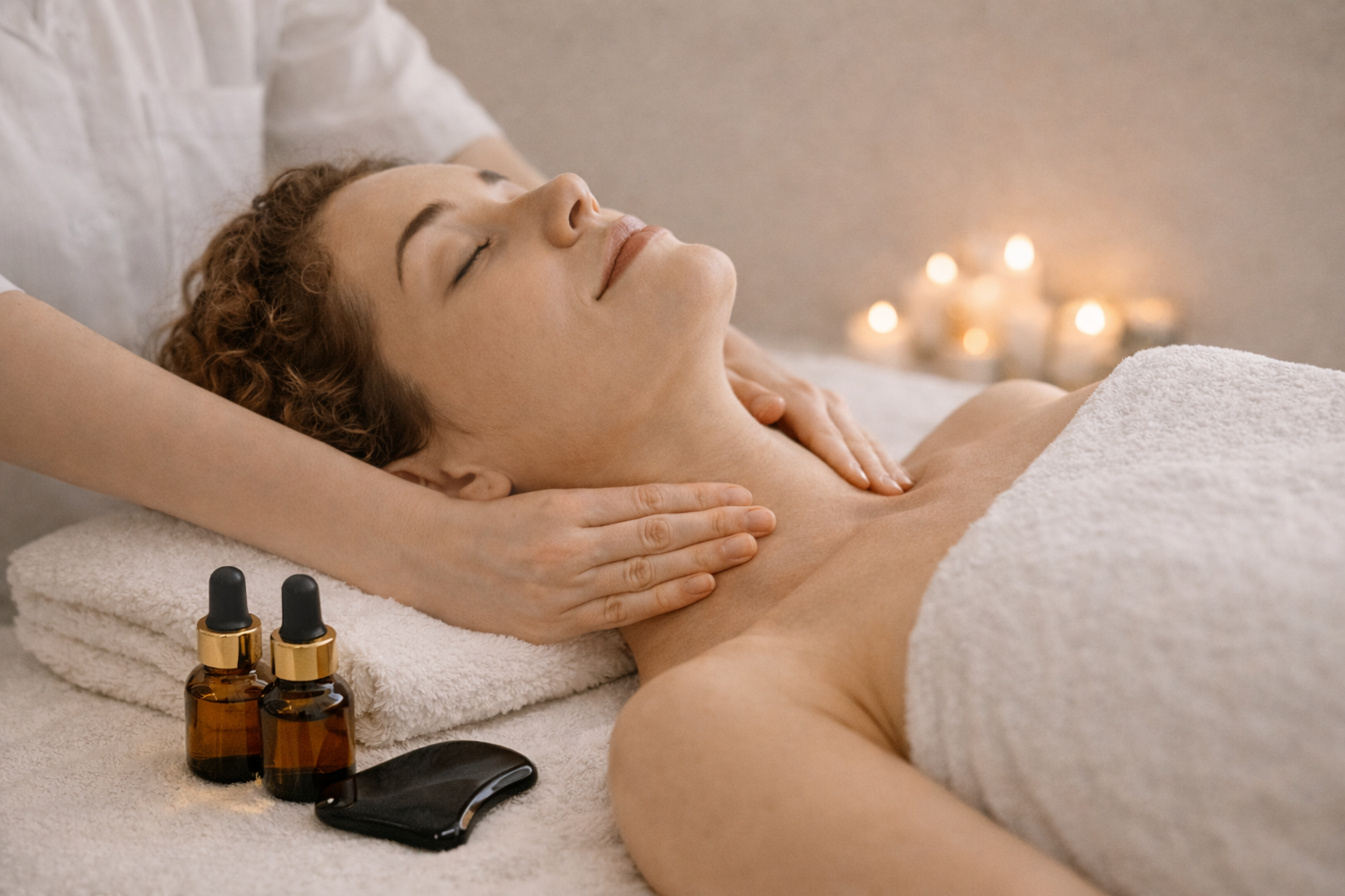 Woman receiving a neck massage at a spa, lying on her back with eyes closed, with essential oils and massage tools nearby, and candles in the background.