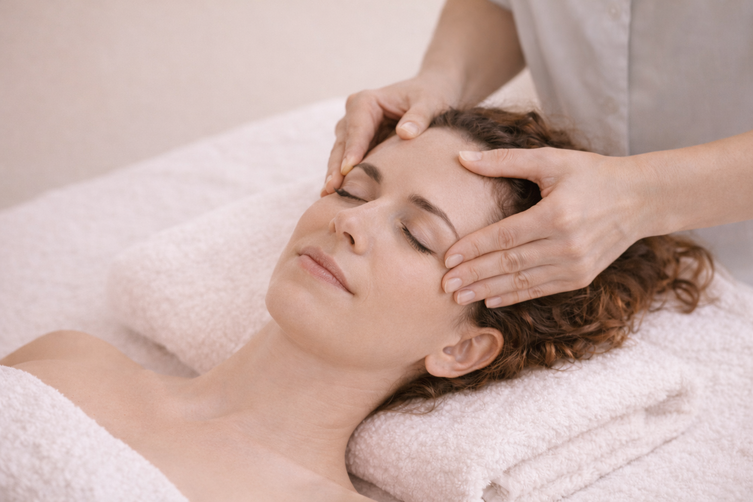 A woman receiving a facial massage at a spa, lying on a soft towel with her eyes closed and a relaxed expression.