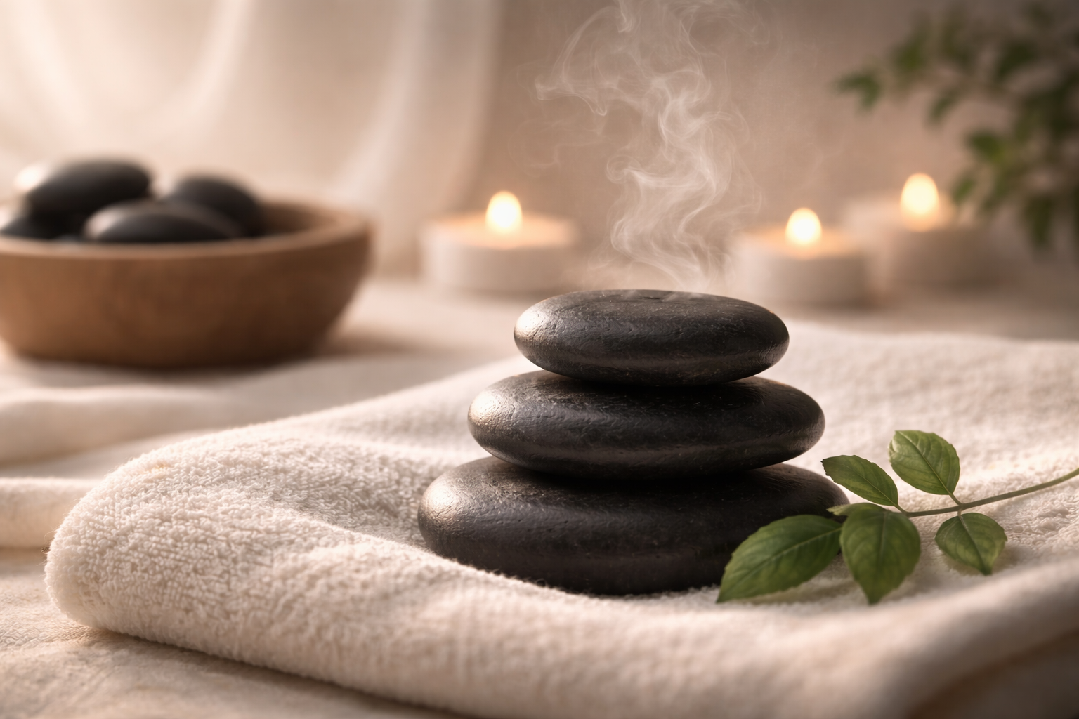 Stack of three black hot stones on a white towel with steam rising from the top stone, surrounded by green leaves, with candle flames in the background.
