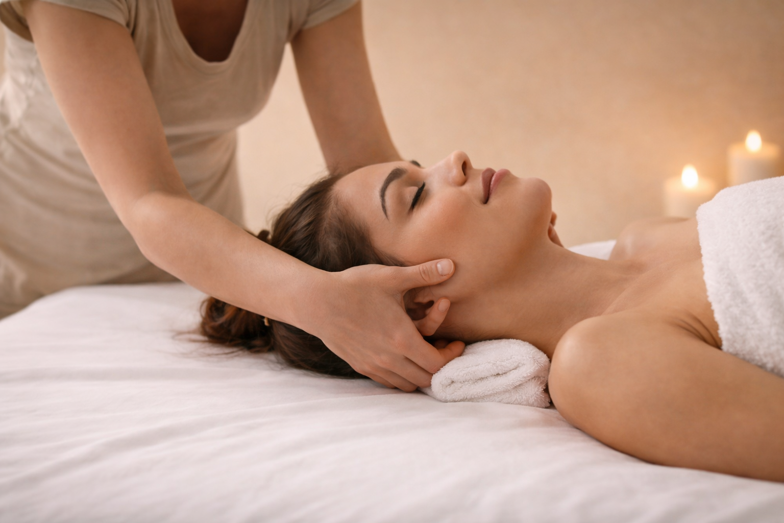 A woman is receiving a head massage in a spa-like setting with candles in the background.