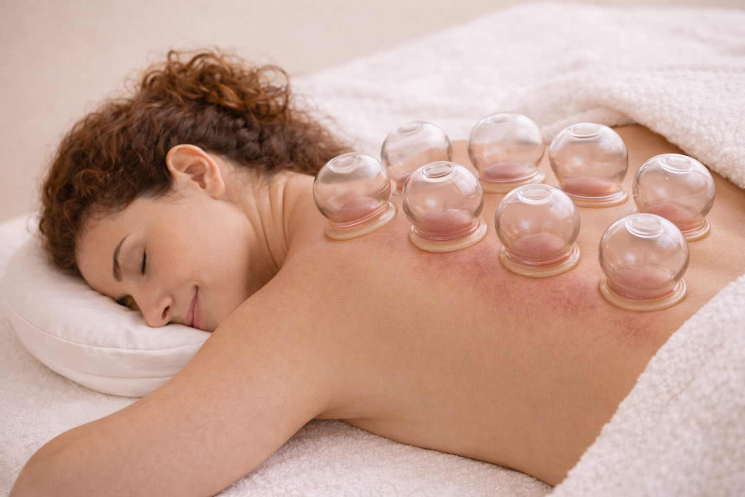 A woman lying face down on a massage table with glass cupping therapy cups on her back, resting peacefully with eyes closed.