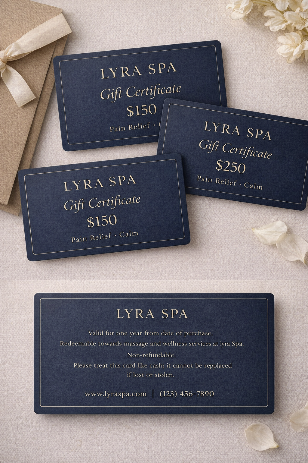 Three Lyra Spa gift certificates on a light-colored surface, two for $150 and one for $250, with a gray gift box with a white ribbon and some white flower petals around them.