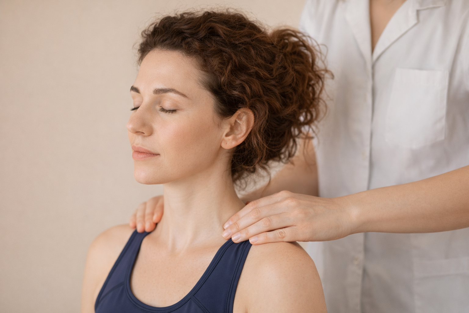 A woman receiving a massage on her shoulder from a massage therapist, with her eyes closed and a peaceful expression.