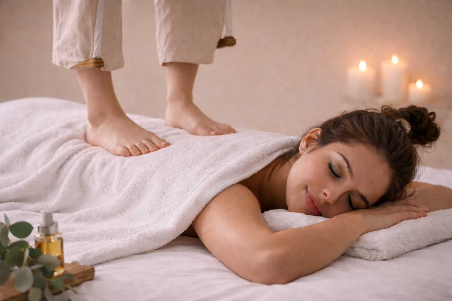 Back walking massage therapy used to relieve deep muscle tension and chronic back pain