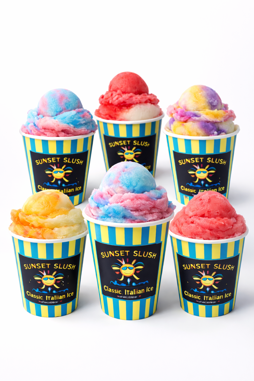 Six cups of colorful rainbow ice cream with a striped blue and yellow design, labeled 'Sunset Slush Classic Italian Ice.'