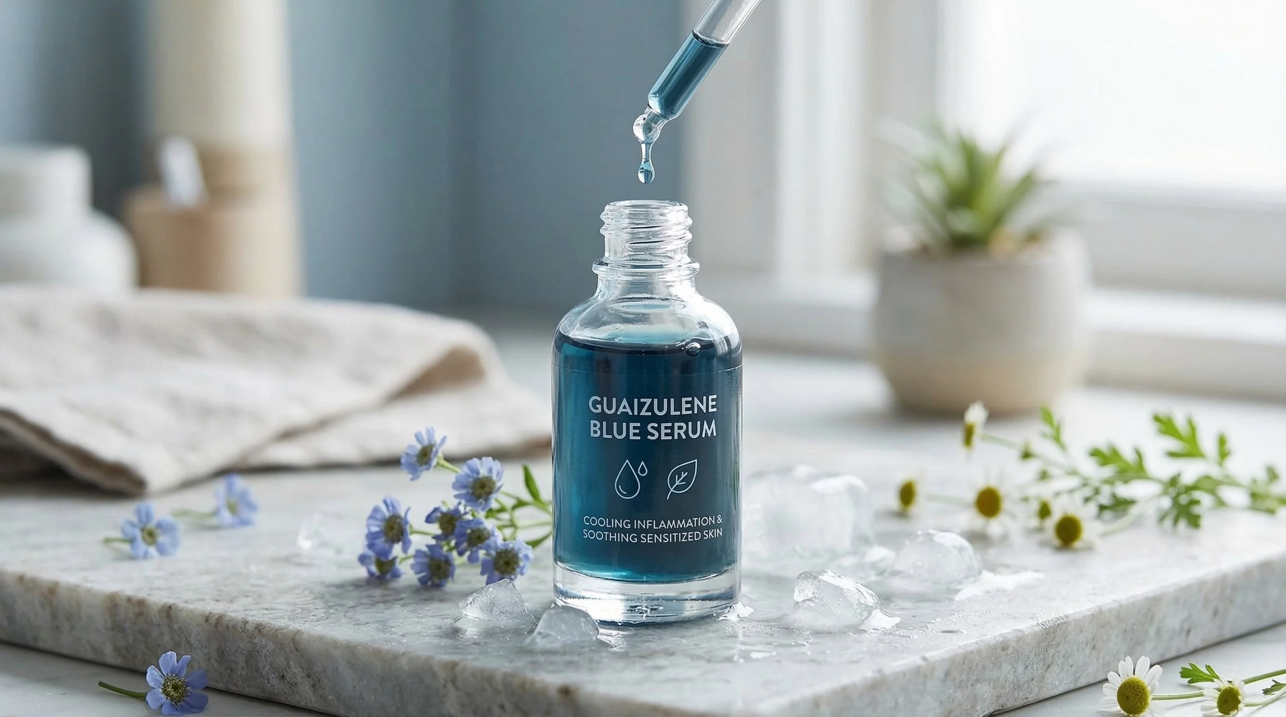 Guaiazulene blue serum for cooling inflammation and soothing reactive or sensitized skin types.