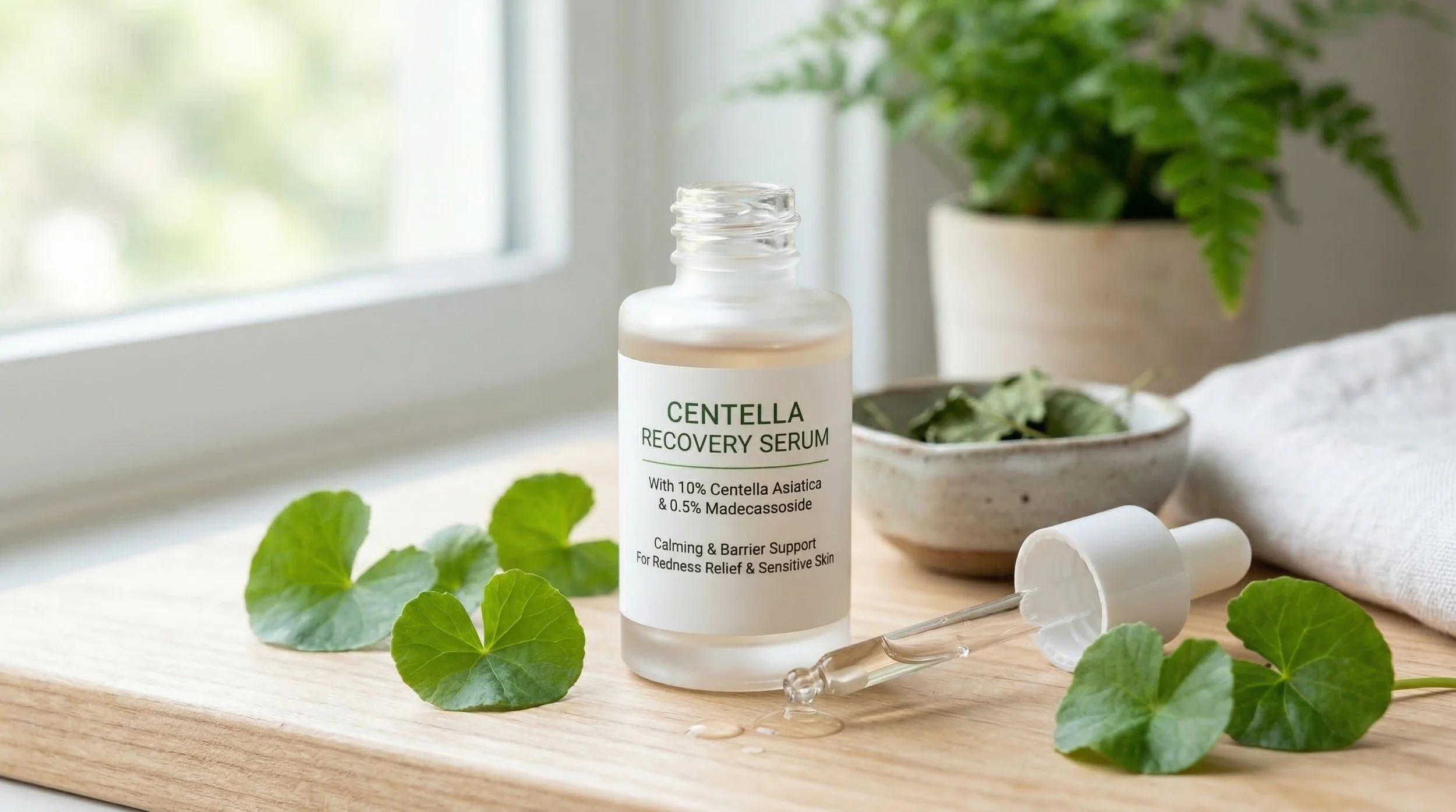 Centella Asiatica and Madecassoside serum for redness relief and sensitive skin barrier repair.