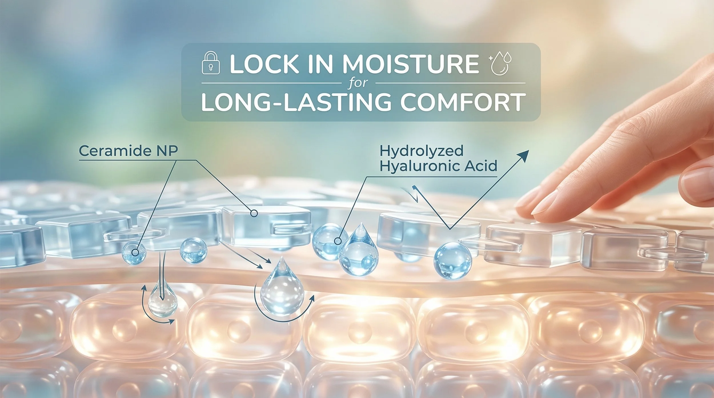Hyaluronic Acid and Ceramide NP moisturizer ampoule for deep hydration and barrier protection.