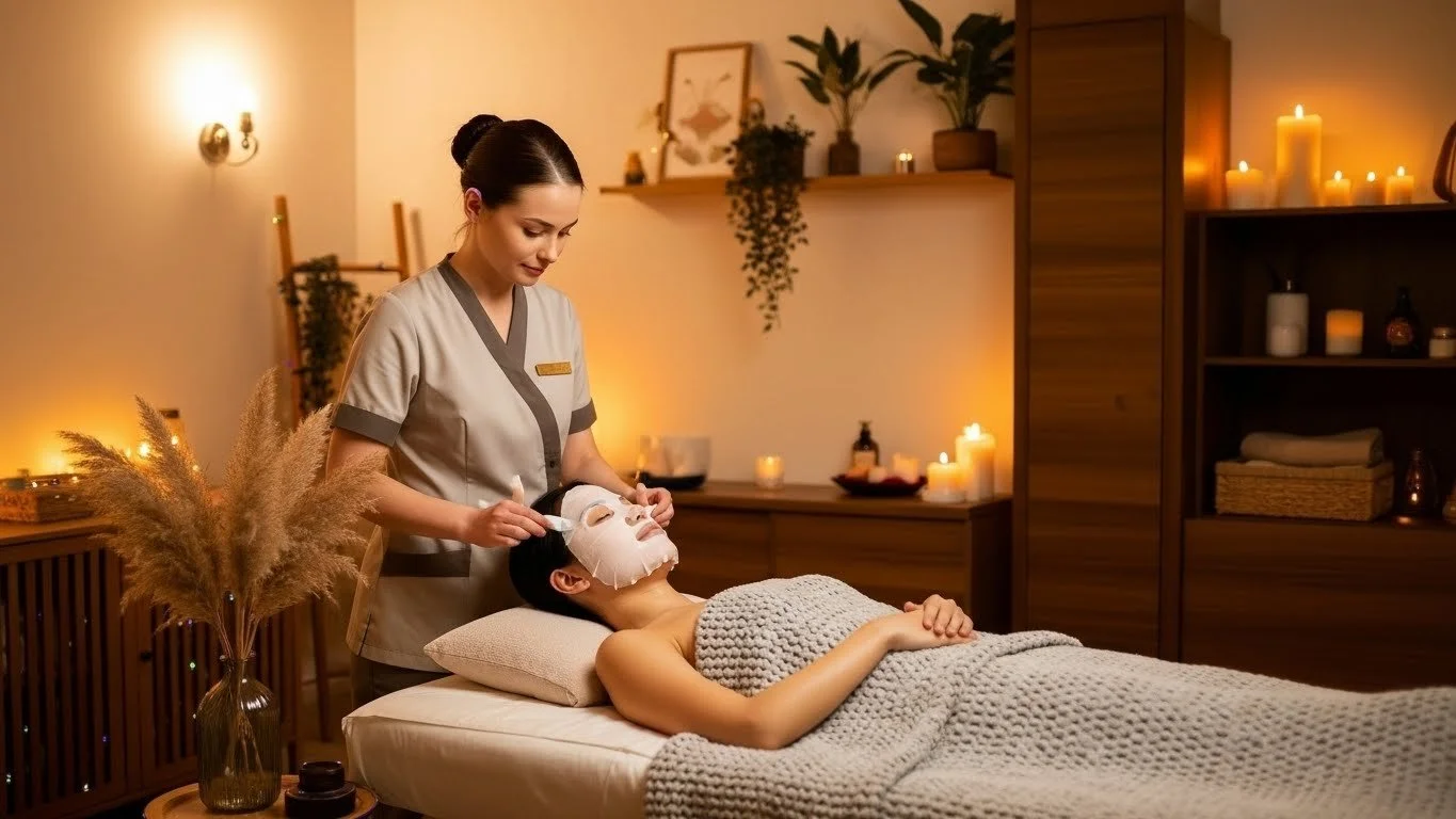 A professional esthetician applying a white sheet mask to a woman’s face in a warm, dimly lit spa treatment room, showcasing the relaxing Agafar facial experience.