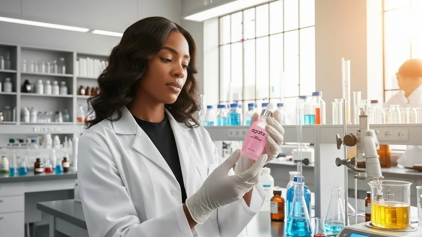 A professional researcher in a white lab coat and gloves inspecting a pink Agafar serum bottle in a modern clinical laboratory.