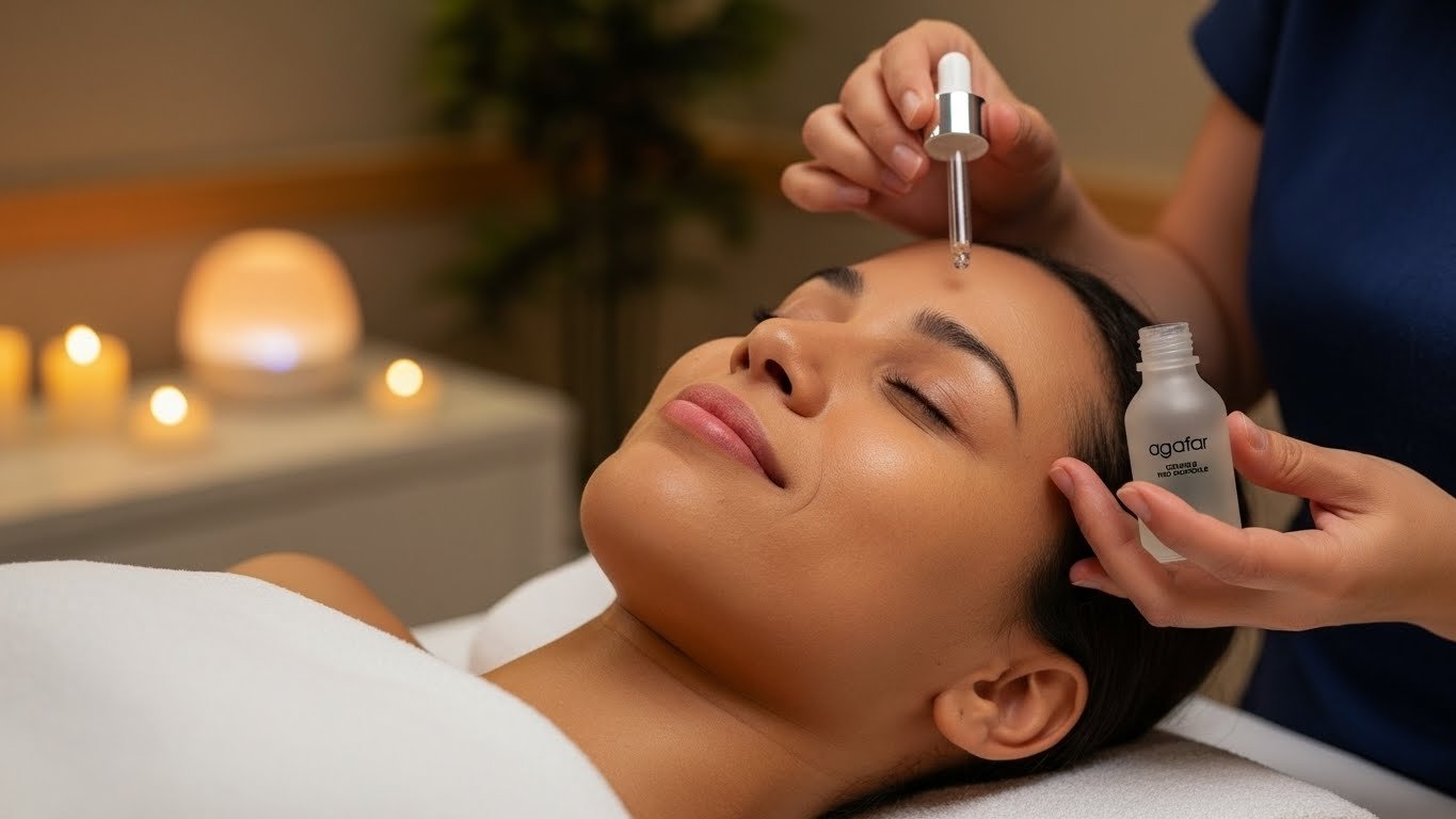 A professional esthetician applying a concentrated Agafar serum to a woman’s forehead using a glass dropper during a clinical facial treatment.