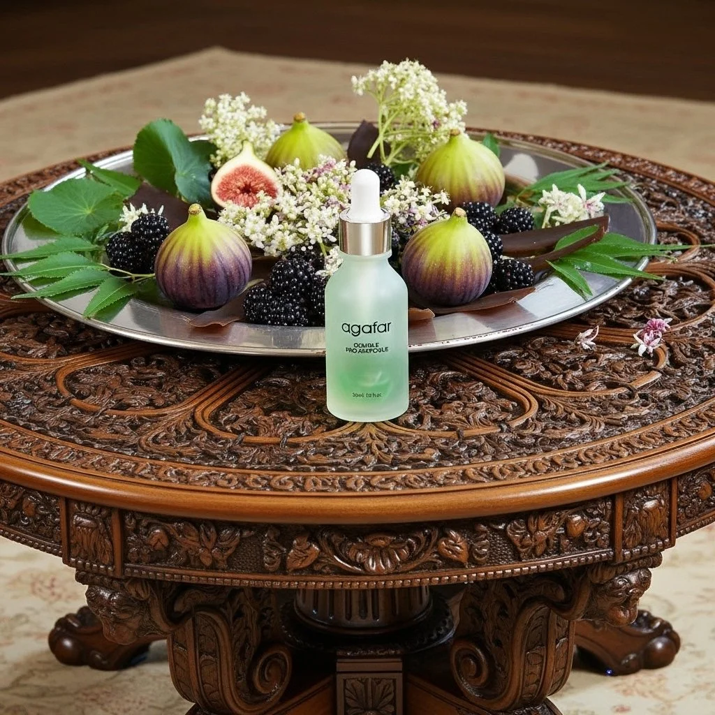 Agafar Double Pro Ampoule in a frosted green glass bottle, displayed on an intricately carved wooden table with fresh figs and blackberries.