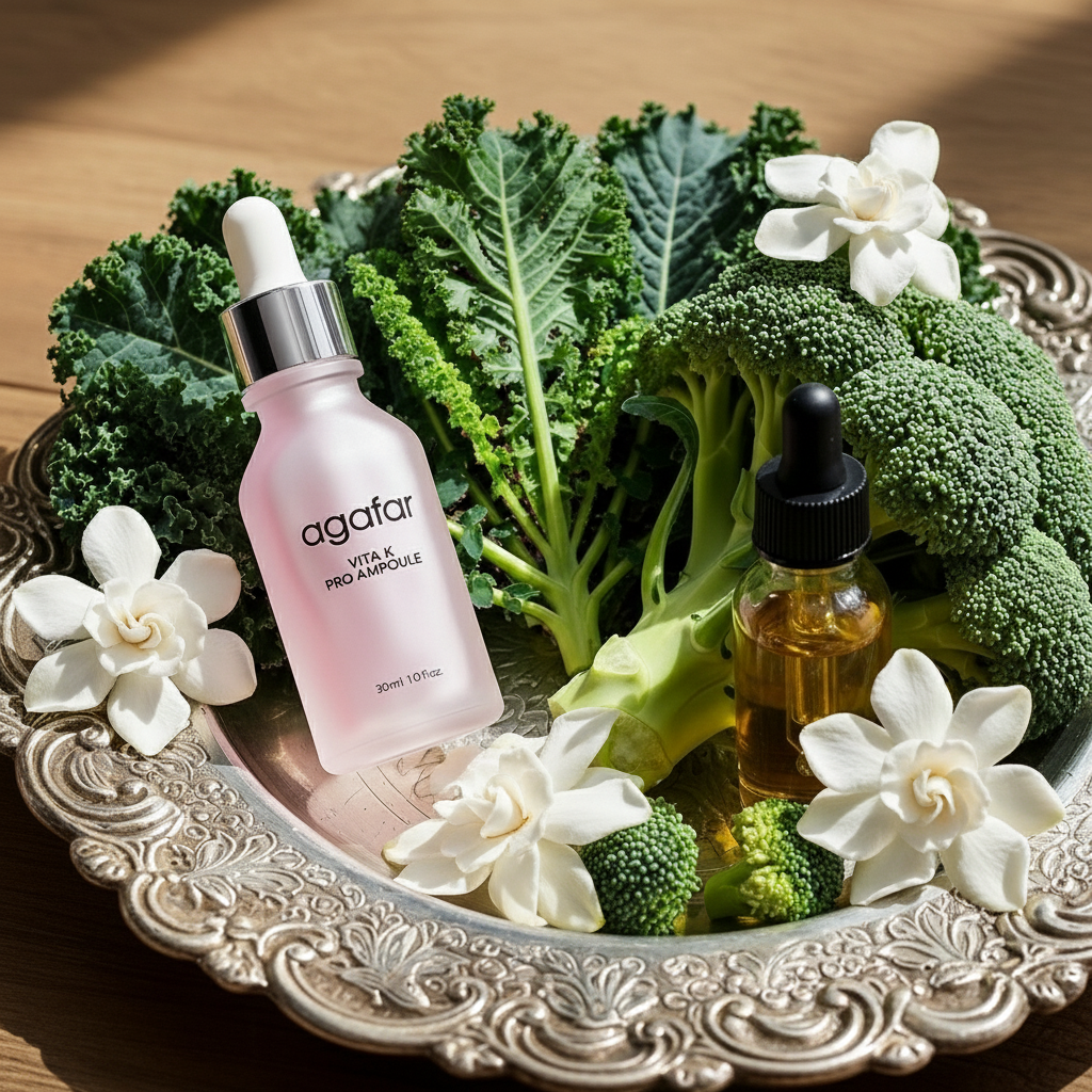 Agafar Vita K Pro Ampoule in a frosted pink glass bottle, artistically presented on a silver platter with fresh kale, broccoli, and white flowers.