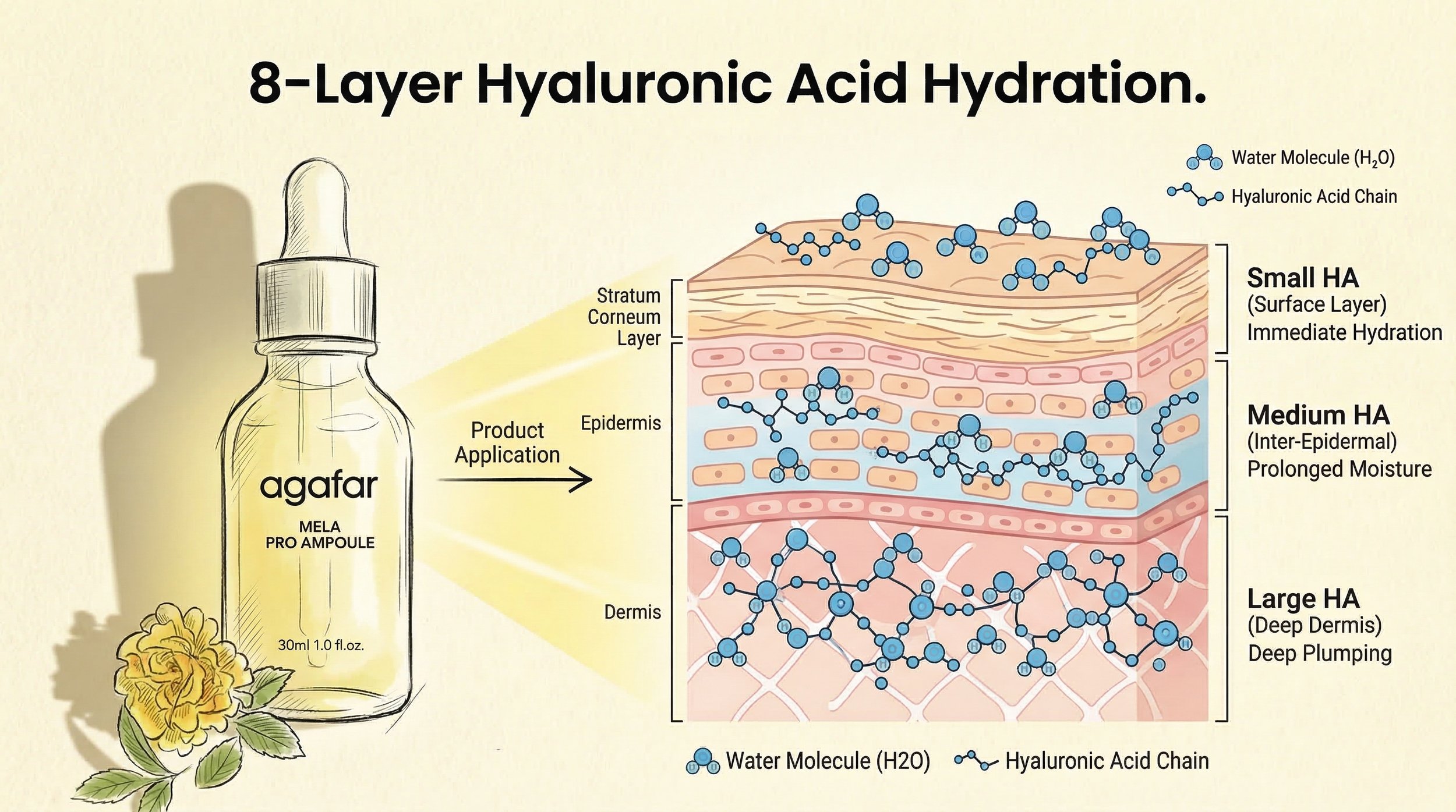 8-layer Hyaluronic Acid complex for intense facial hydration and conditioning.