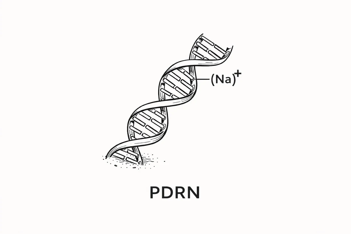 A technical line-art illustration of a DNA double helix representing PDRN (Polydeoxyribonucleotide) with a sodium ion $(Na)^{+}$ label, symbolizing clinical-grade skin regeneration technology.