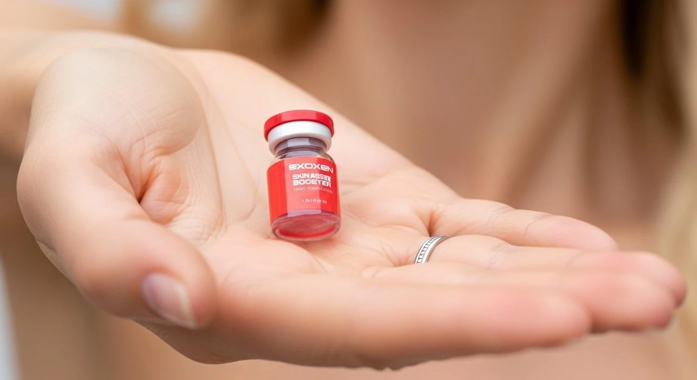 A close-up of a hand holding a small EXOXEN Skin Booster vial, highlighting the concentrated professional-grade formula.