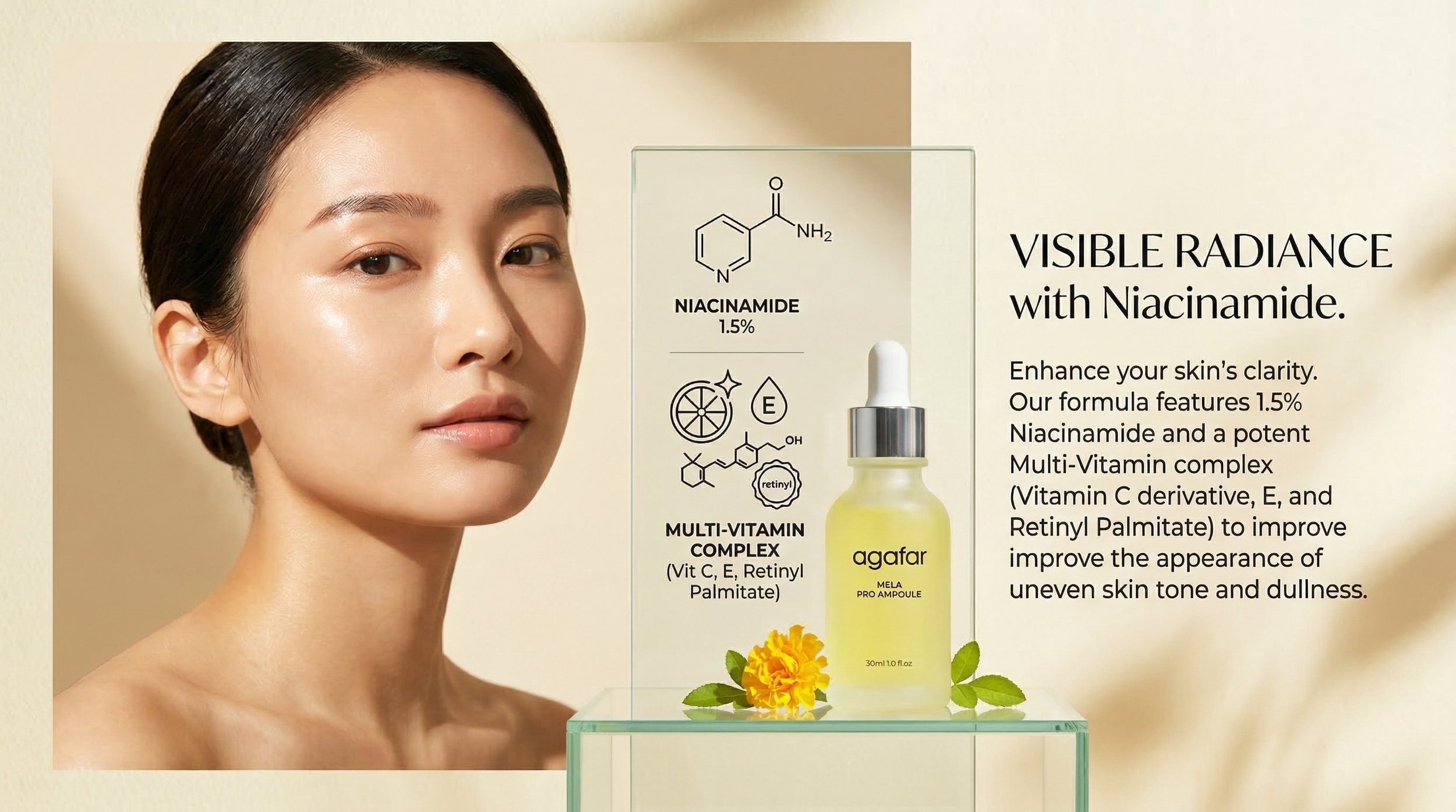 Niacinamide and Vitamin C brightening complex for a luminous appearance.