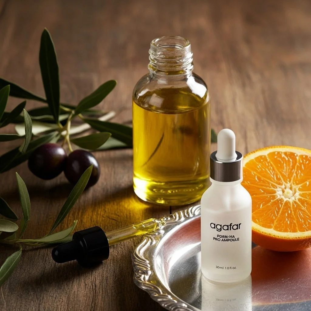 Agafar PDRN-HA Pro Ampoule in a frosted white bottle, styled on a silver tray with a fresh orange slice, olive oil, and olive branches on a rustic wood background.