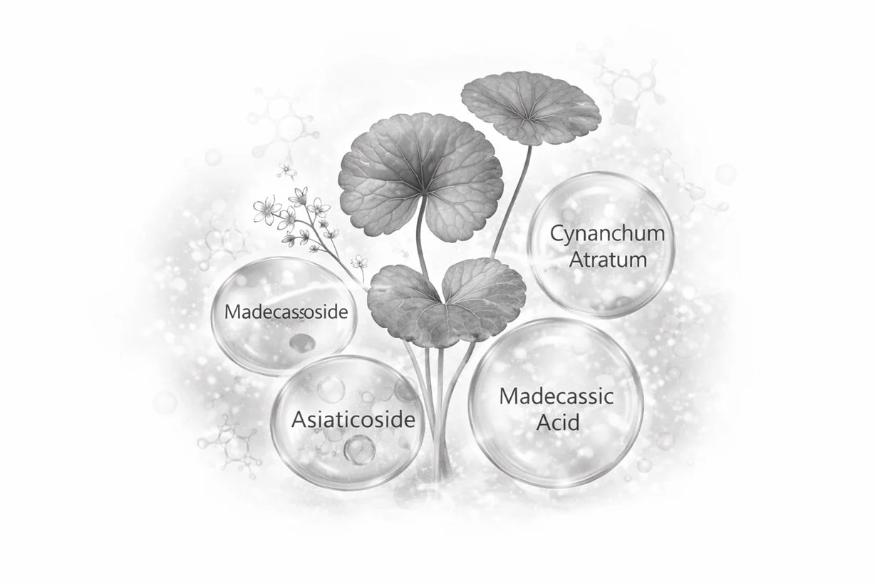 Scientific illustration of the Centella Platform featuring Centella Asiatica leaves surrounded by clinical ingredient bubbles for Madecassoside, Asiaticoside, Madecassic Acid, and Cynanchum Atratum.