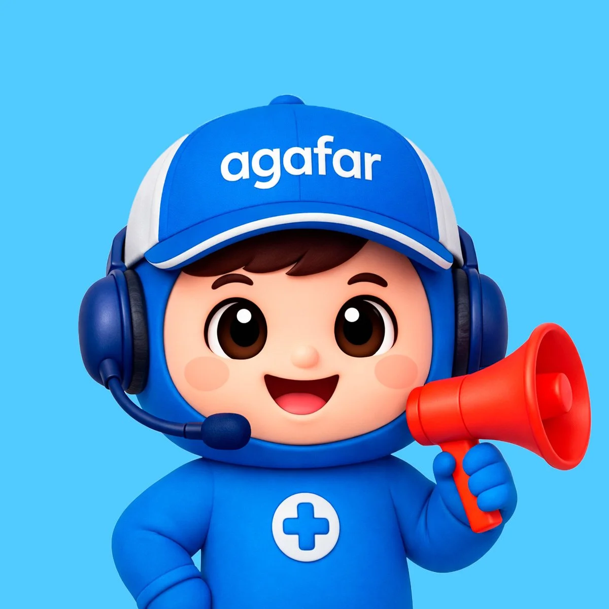 Agafar USA skincare customer support mascot, a 3D cartoon character in a blue uniform and logo cap holding a megaphone.