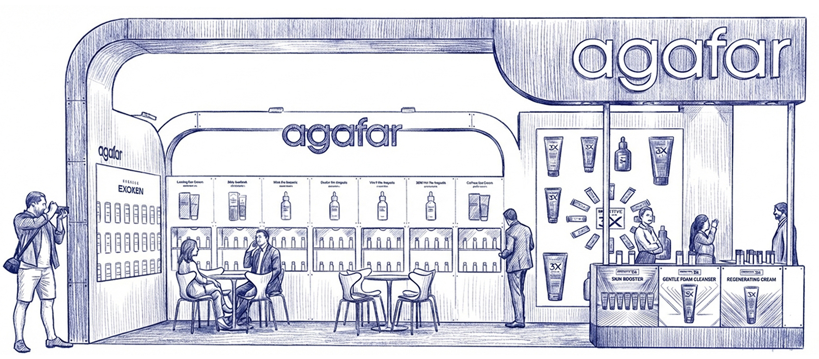 A detailed blue ink line drawing schematic of an agafar dermocosmetic trade show exhibition stand, featuring a fully structured and branded booth layout with product display shelves (labeled Active series), meeting tables, a customer interaction coun