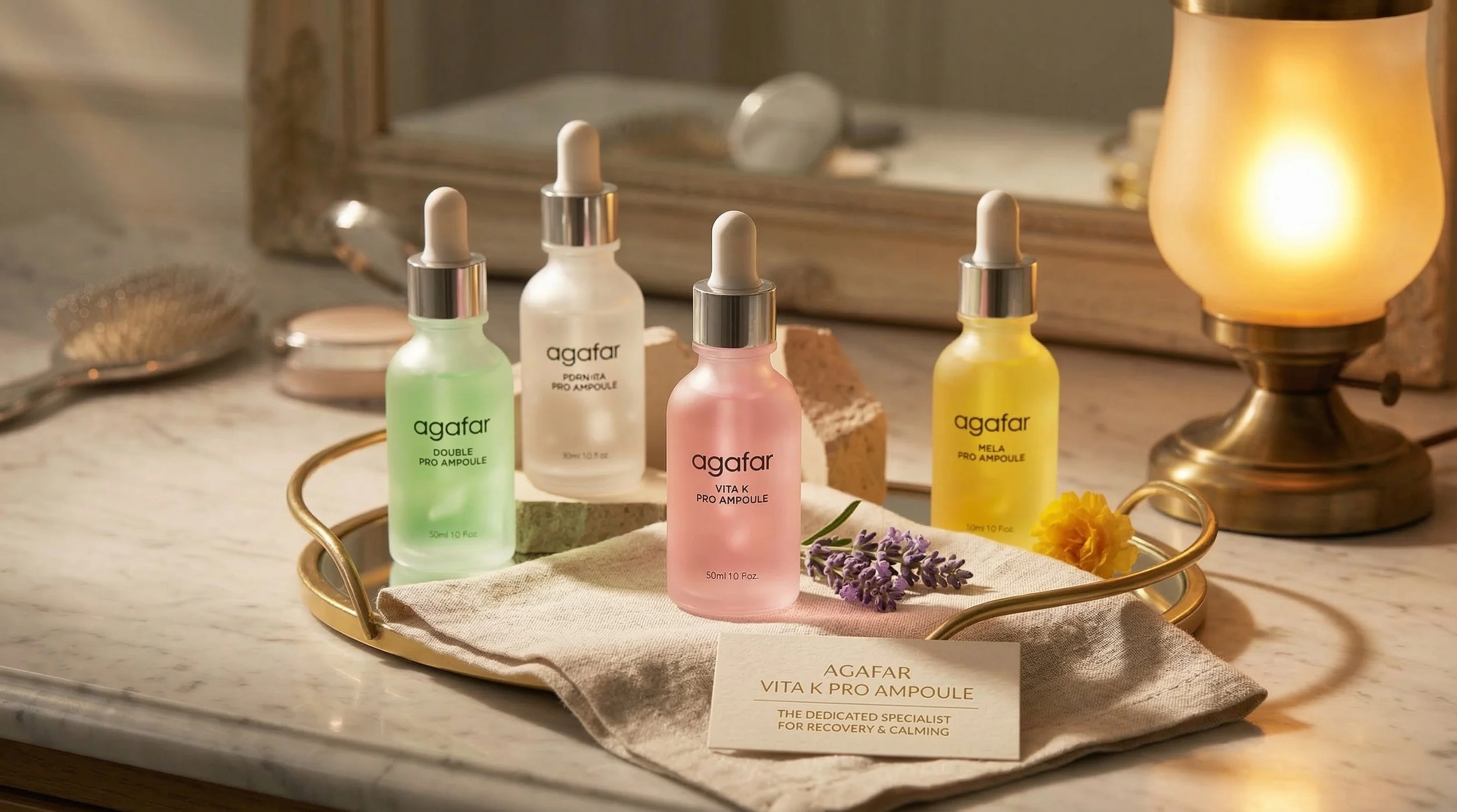 AGAFAR skincare ampoule collection comparison including Vitamin K, Hyaluronic, and Cica serums.