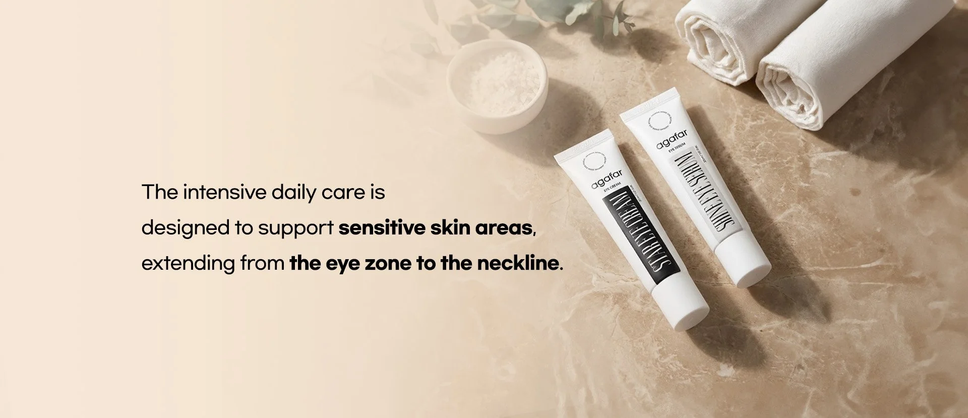 Agafar eye care duo: Star Eye Cream and Shine Eye Serum for sensitive skin. Professional skincare designed for the eye zone and neckline, shown in a luxury spa setting.