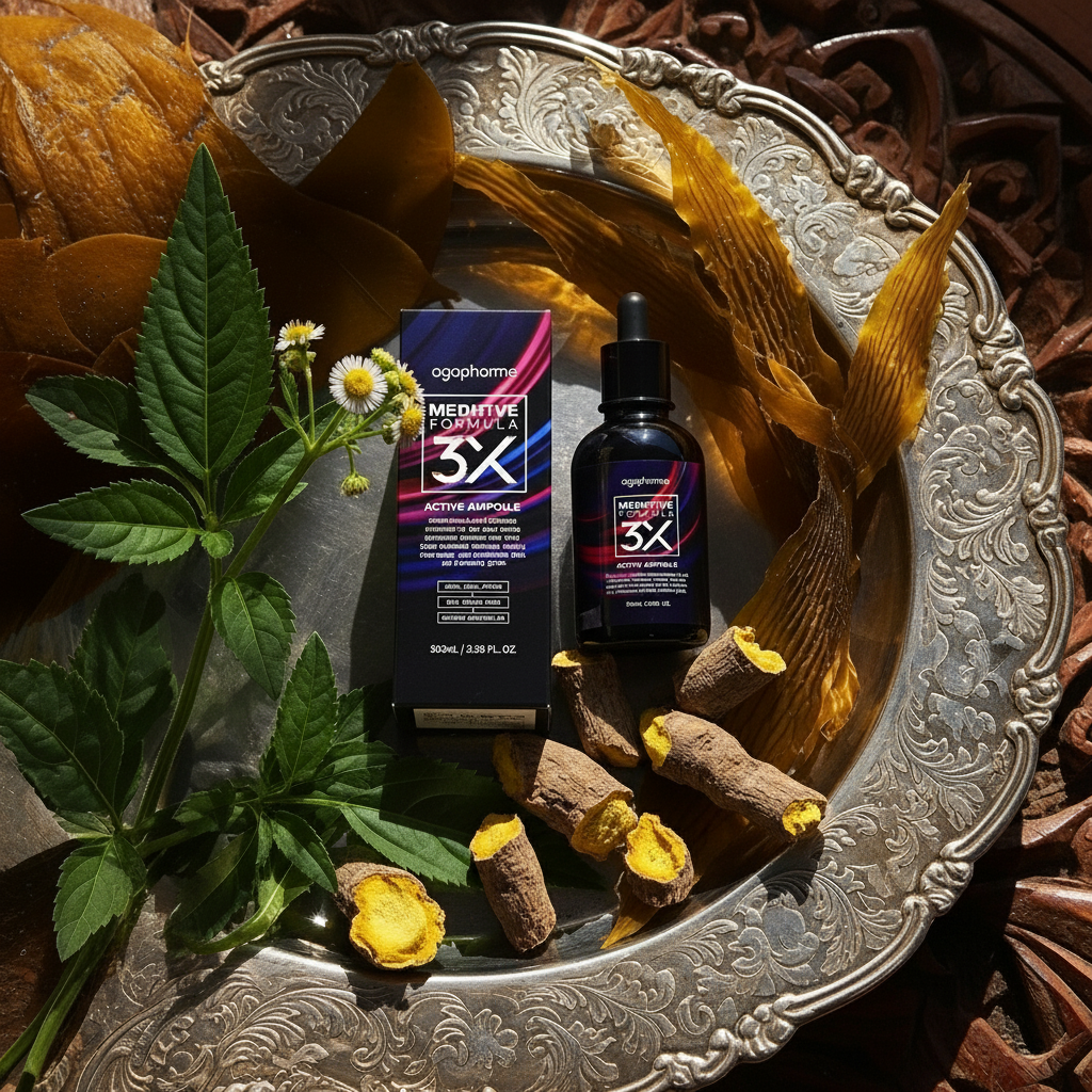 Detailed flat lay photograph on an ornate silver tray, featuring the Agafar Active Ampoule 3X product and box surrounded by natural Curcuma root, dried kelp, and white chamomile flowers. This visual represents the brand’s focus on advanced, potent f