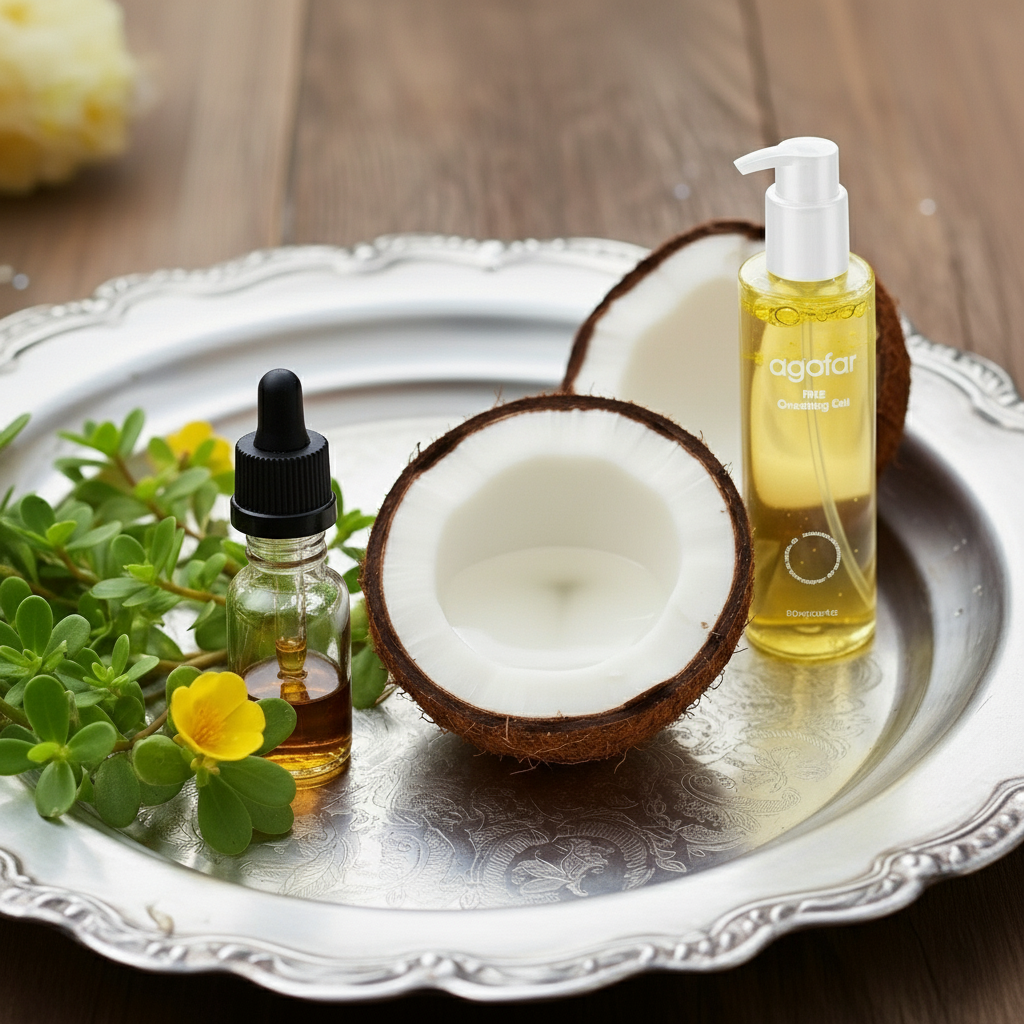 agafar Mild Cleansing Gel in a clear pump bottle, displayed on a silver platter with fresh coconut, an amber dropper bottle, and yellow botanical flowers.
