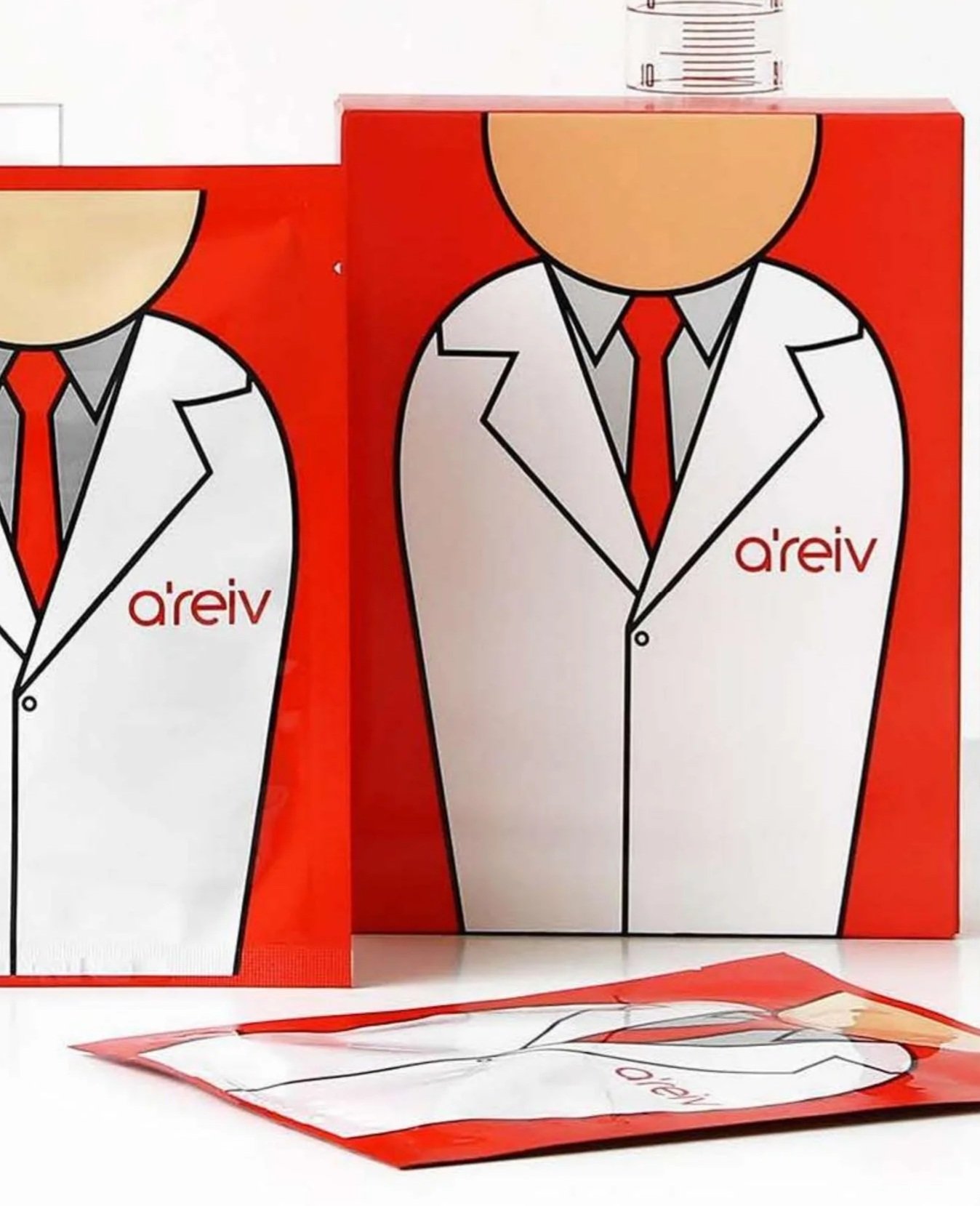 A'reiv professional sheet mask packaging: Red and white minimalist design depicting a scientist in a lab coat, emphasizing clinical-grade skincare.