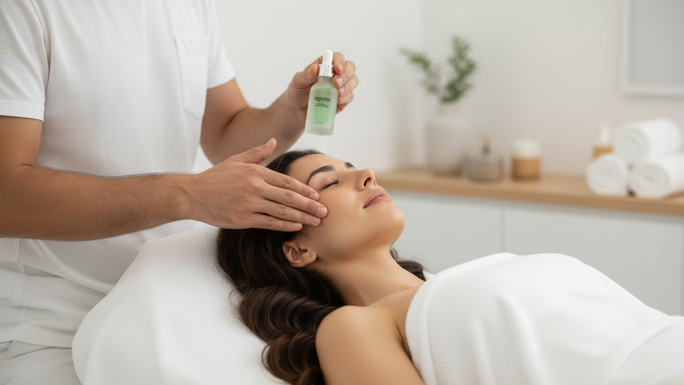 A professional skincare treatment showing an esthetician applying the Agafar Double Pro Ampoule to a woman’s face in a bright, clinical spa setting.