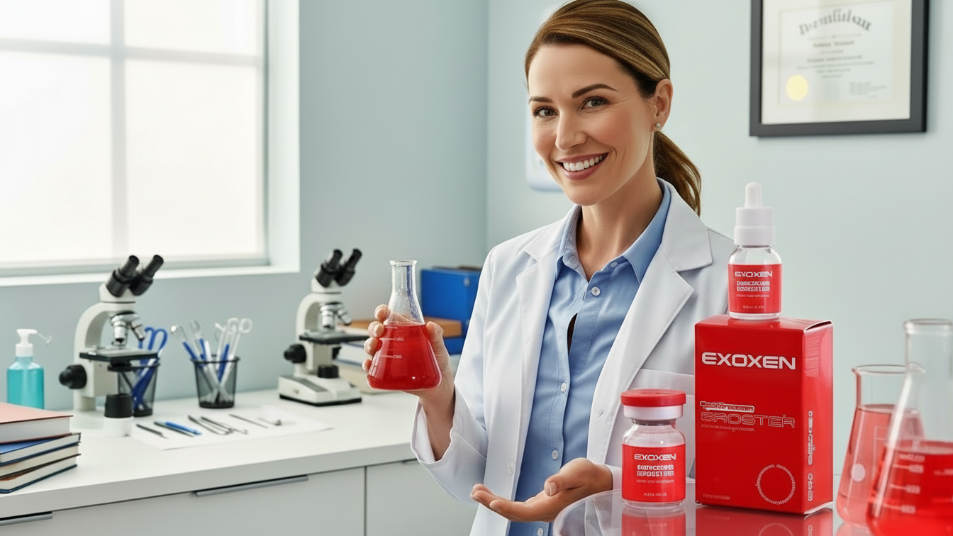 EXOXEN clinical skincare research: Professional dermatologist-tested formulas developed in a laboratory setting for advanced skin rejuvenation.