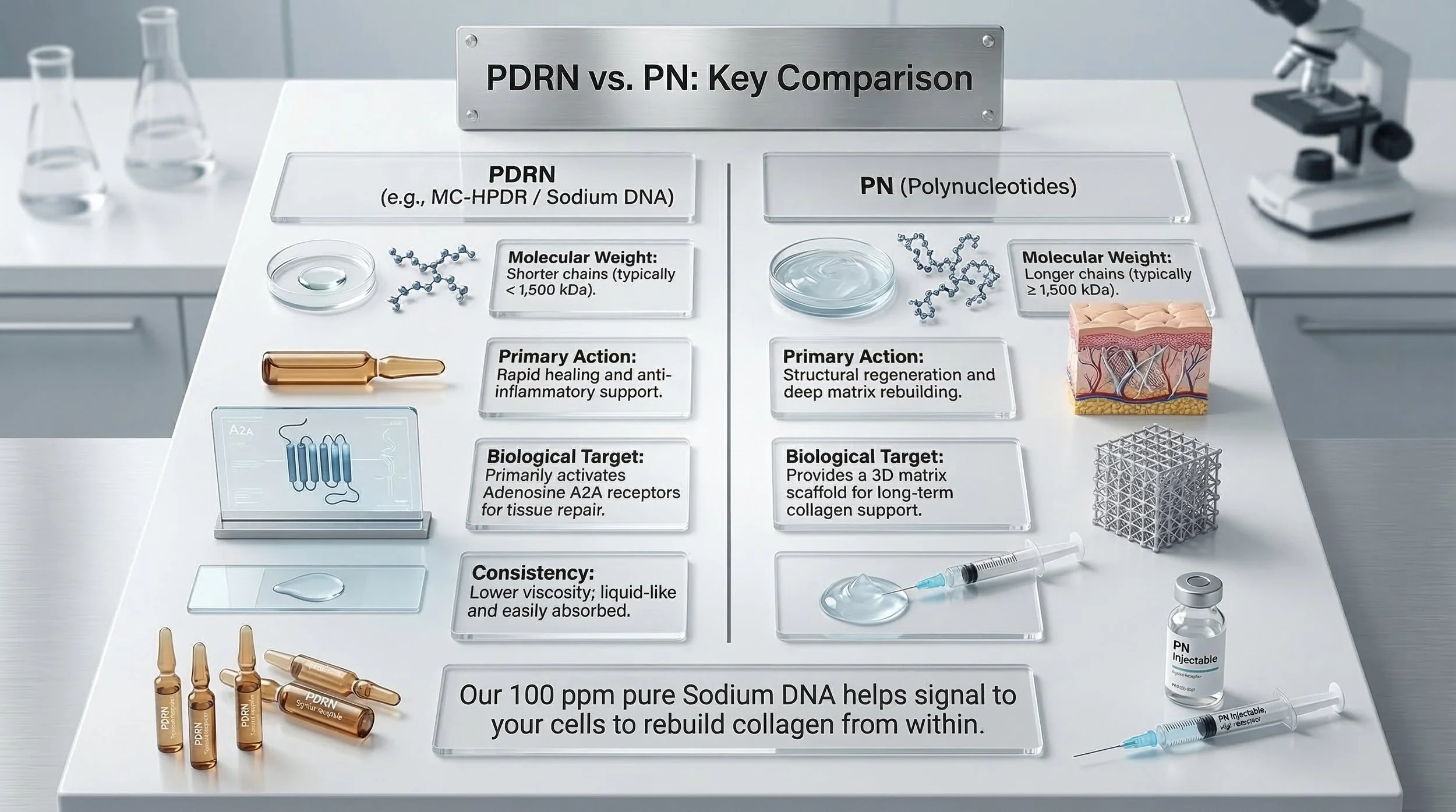PDRN vs PN comparison chart showing skin cell regeneration and adenosine receptor activation.