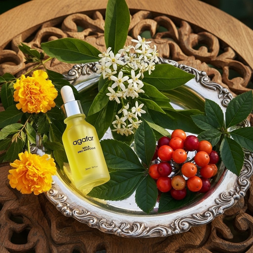 Agafar Mela Pro Ampoule in a frosted yellow glass bottle, presented on a silver tray with vibrant yellow flowers and red berries for a fresh, natural aesthetic.