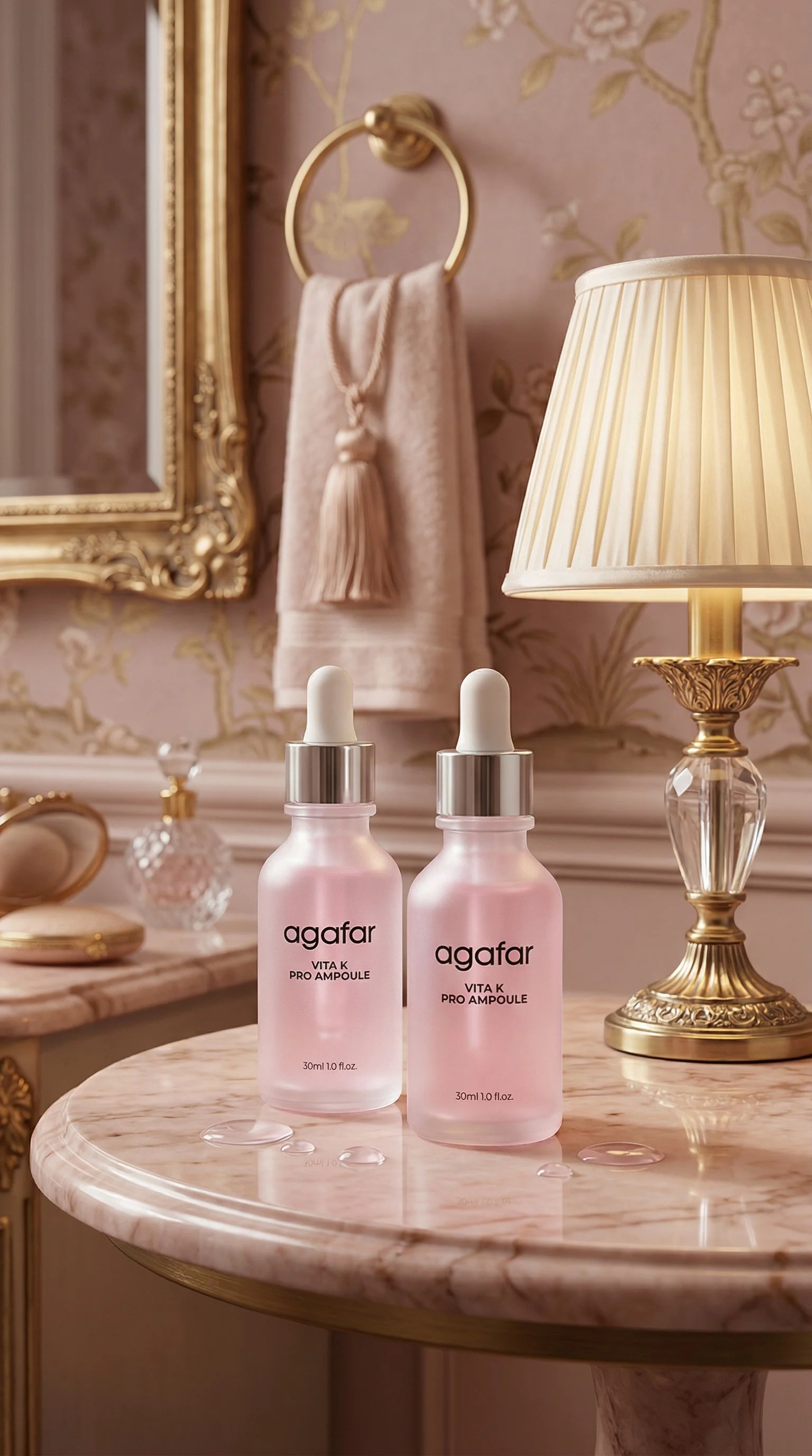 Two frosted glass bottles of Agafar Vita K Pro Ampoule with dropper caps on a pink marble surface, in a vintage-style room with a gold and crystal table lamp and a pink towel with tassel hanging from a brass towel ring.