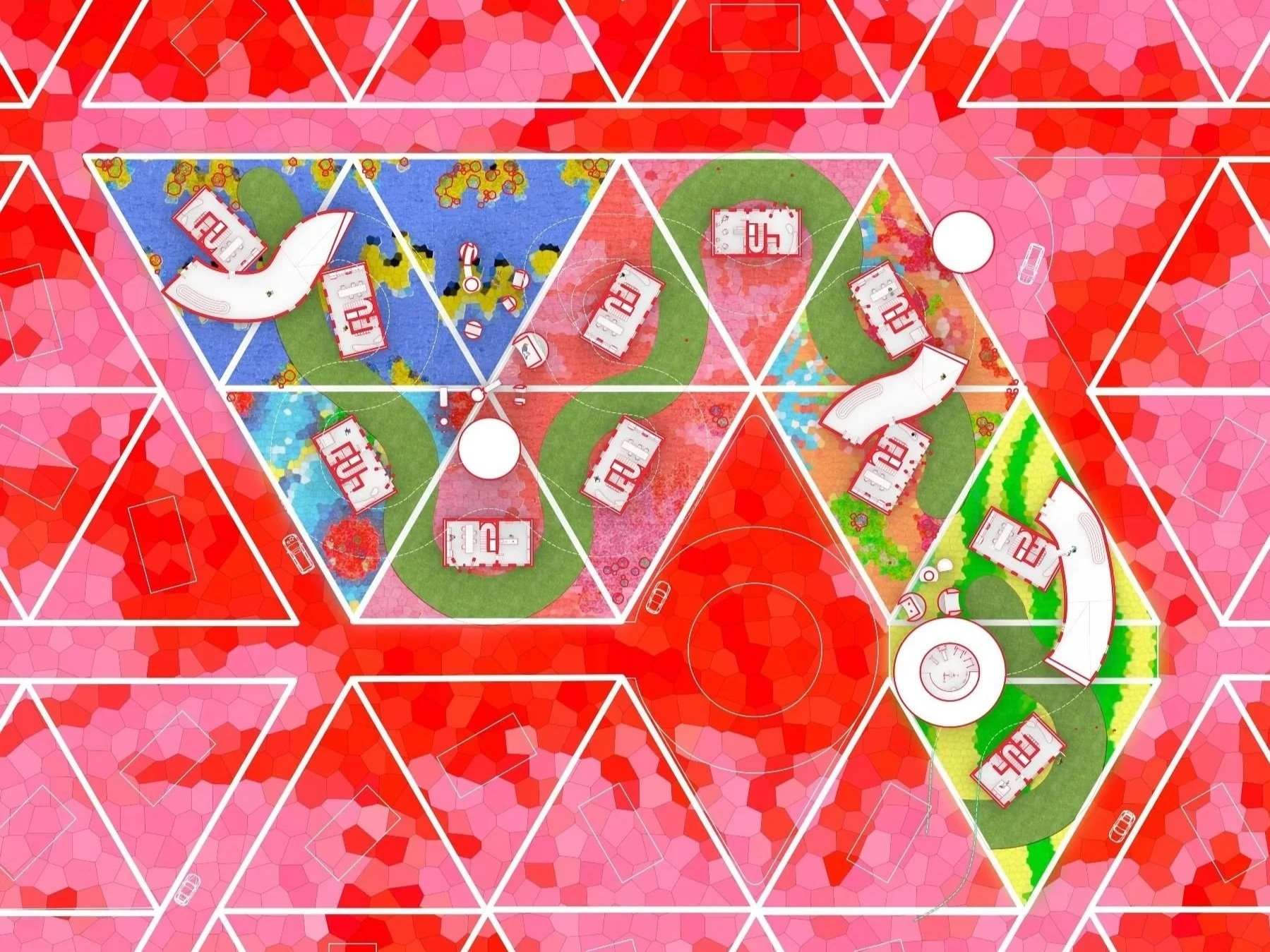 Tiling mosaic grounds the project, referencing iconic Black artists like Derrick Adams and Mowalola to engulf the community in a field of color and inspiration