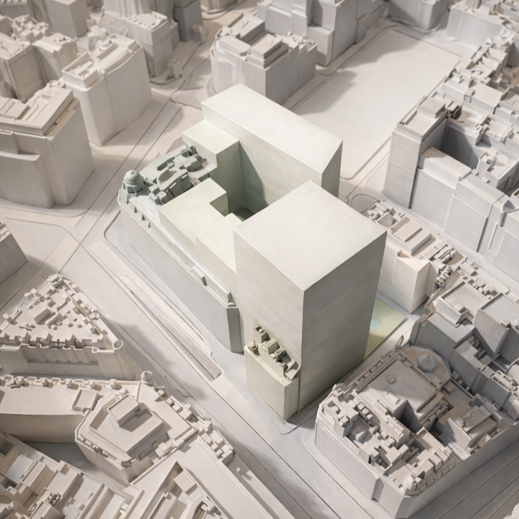 The existing building is converted into a members only wellness club that then connects age 50+ housing on one side to market rate housing on the other